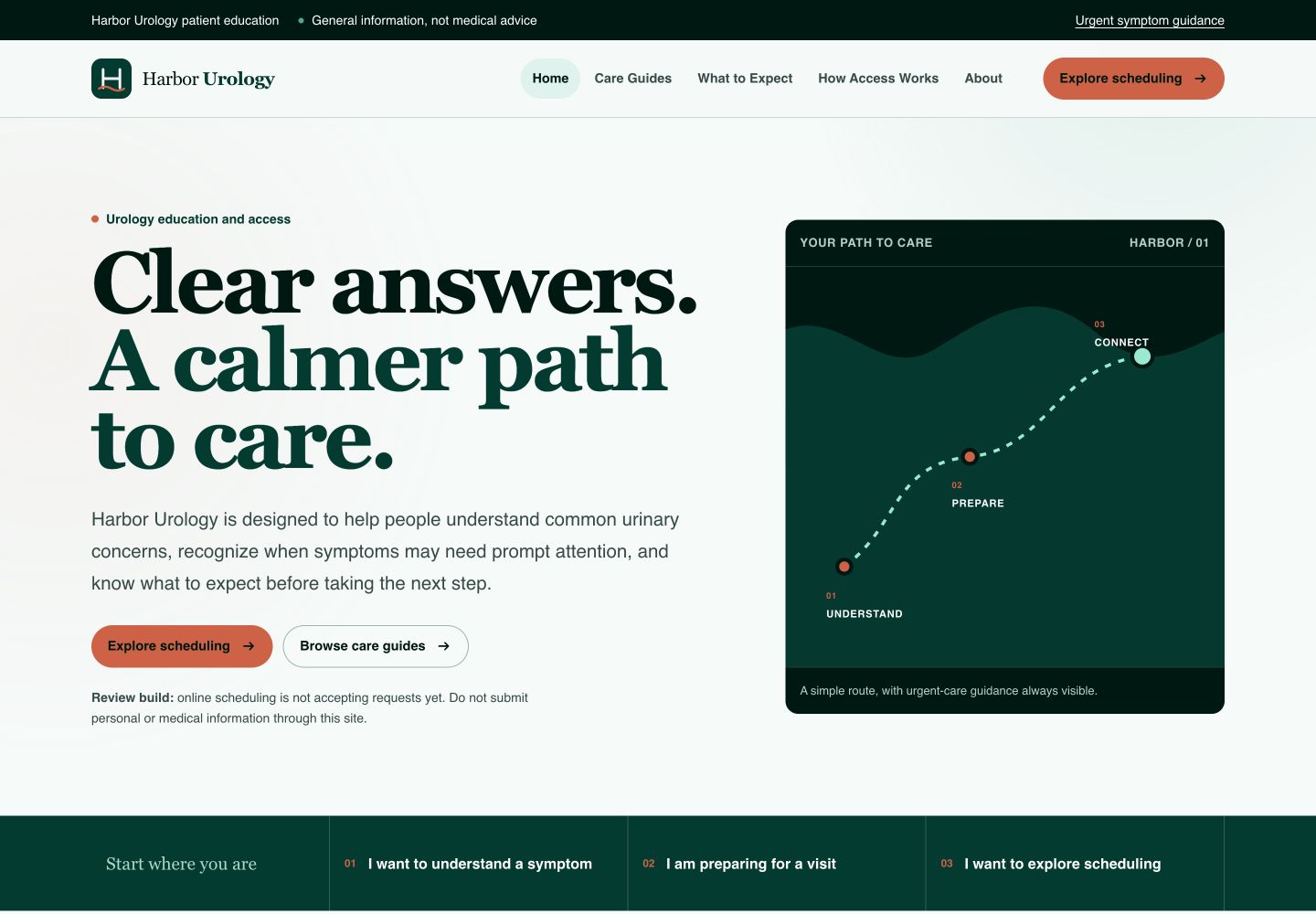 Harbor Urology review homepage with the headline Clear answers. A calmer path to care.